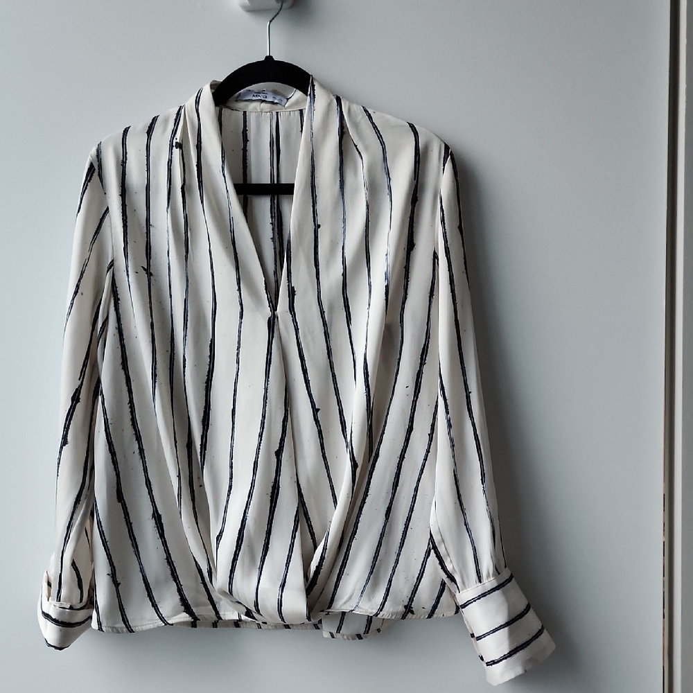 Mango Lightweight Flowy Printed Abstract Stripes Crossover Blouse